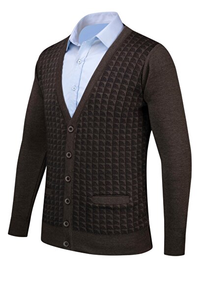 Çizgi Triko Ανδρική πλεκτή ζακέτα με ρίγες V λαιμόκοψης - Λεπτομέρεια τσέπης με κουμπιά, πλεκτό ατσάλι με σχέδιο - Classic Fit 5002M