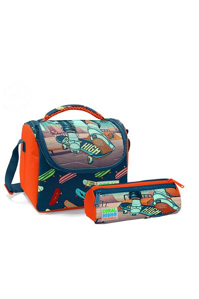 Coral High Kids Indigo Neon Orange Skateboard Patterned Thermo Lunch Box and Pen Holder Set