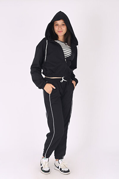 cm buseyiz 3'Lü Kapüşonlu Crop Ceket&Crop T-shirt&Ara Biyeli Alt-Kız Çocuk Eşofman Takımı