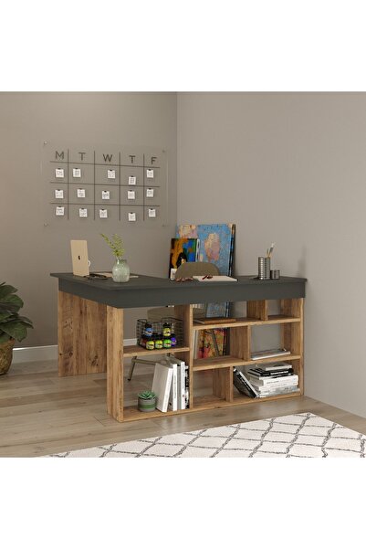 Robin Home Çam-gri Boston Kitaplık Raflı Çalışma Masası L Ofis Çalışma Masası