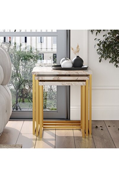 Robin Home Atlantis 3'lü Gold Metal Zigon Sehpa Mermer Desen