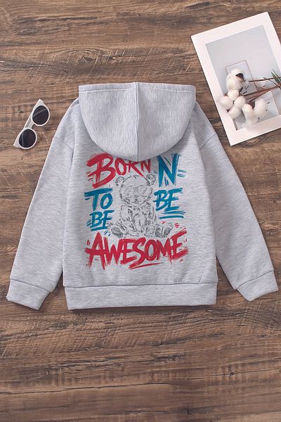 MYADA Детски суитшърт с качулка Written Awesome Glasses Oversize - с щампа на плюшено мече 22526
