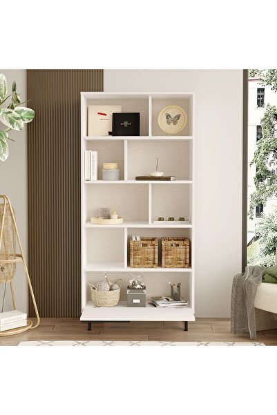 Robin Home Lidya Kitaplık Raf Metal Ayaklı 176cm Kapaklı Beyaz