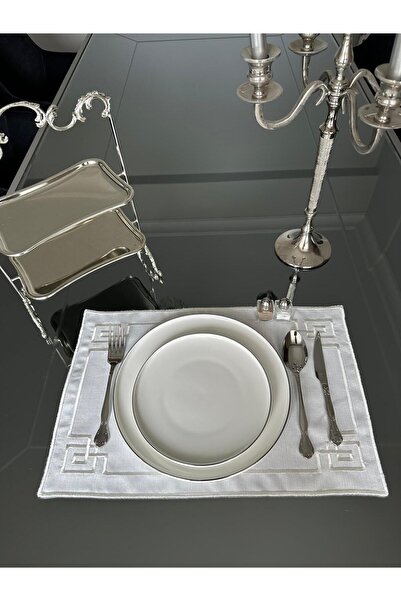 LİNDA MİA 6 Lı Amerikan Servis Geometrik Beyaz Nakışlı