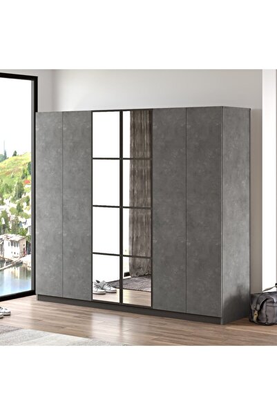 Robin Home 6 Kapaklı Çekmeceli Aynalı Gardırop Elbise Dolabı Gri Mo3-rg