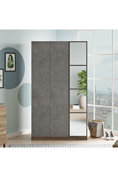 Robin Home 3 Kapaklı Çekmeceli Aynalı Gardırop Elbise Dolabı Gri - Kahverengi Mo1-cg