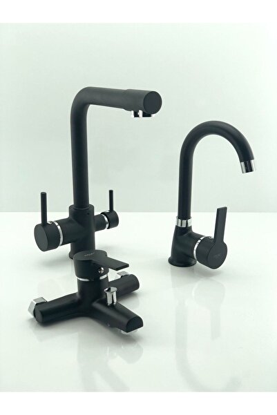 Prima Pirima Arıtmalı Mutfak Eviye Bataryası 3'lü Set Eviye- Lavabo- Banyo Bataryası Siyah