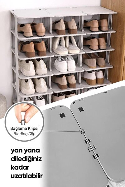 Frapan Home 5 Katlı Plastik Ayakkabılık Raf Düzenleyici Organizer 3'lü Set Gri