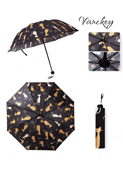 VANCKEY Renkli Kedi Desenli 8 Telli Manuel Rüzgara Dayanıklı Şemsiye