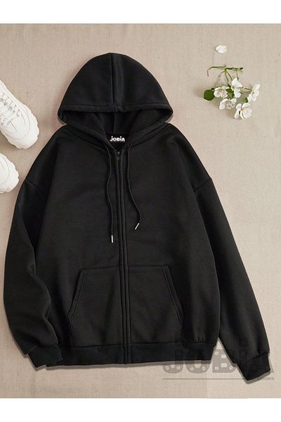 Jobia Outdoors Ανδρικό και γυναικείο φούτερ με μαύρη μάλλινη κουκούλα Unisex - Μπουφάν Fleece με φερμουάρ χωρίς εκτύπωση
