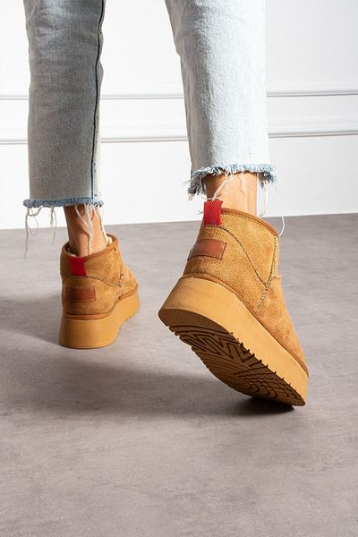 Ecru Tan Suede Mini Boots - Women's Shoes with Thick Sole and Fur Inside
