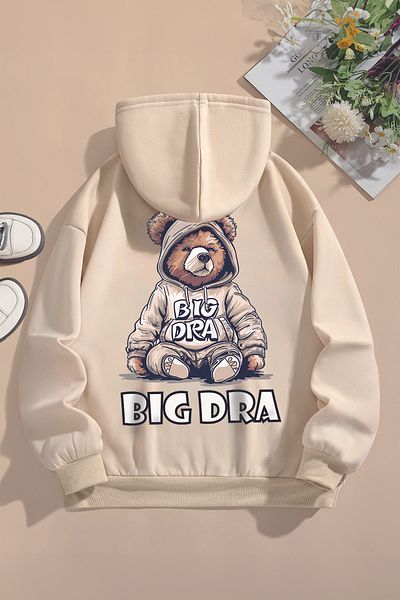 MYADA Премиум детски суитшърт Polar Oversize - Надпис Big Dra, Принт на мече на гърба, Качулка 22525
