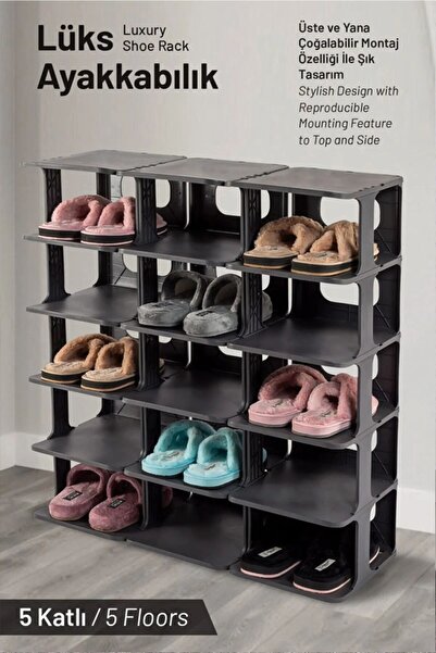 Frapan Home 5 Katlı Plastik Ayakkabılık Raf Düzenleyici Organizer 3'lü Set Gri