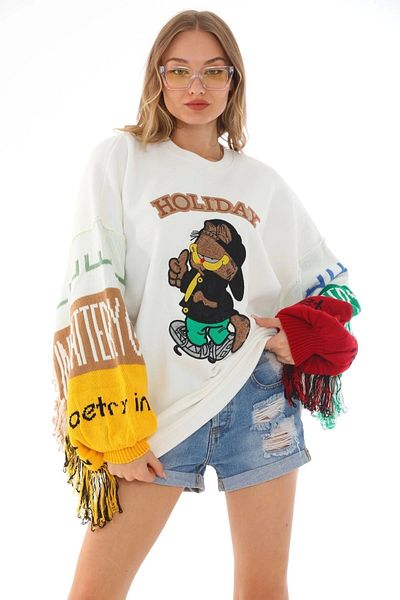 brg ilki Women's Oversize Balloon Sleeves and Tassels Embroidered Very Stylish Sweatshirt