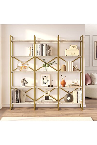 Robin Home Atlantis Gold Metal Kitaplık 5 Raflı Geniş 3 Bölme 175cm Mermer Desen