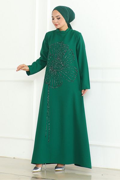 Bestenur Βραδινό φόρεμα με κέντημα με πέτρα Emerald Green Zeral 1200