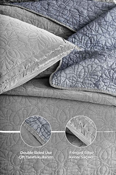 Evlen Home Collection %100 Pamuk Çift Kişilik Pike Takımı Özel Taş Yıkama Yatak Örtüsü Yumuşak Modern Rabio Gri