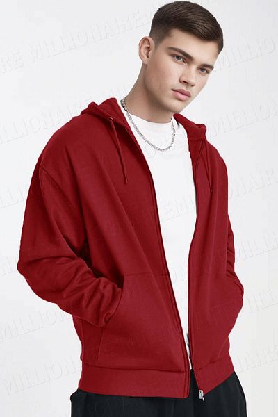 Millionaire Men's Red Oversize Fleece Sweatshirt - Hooded, Zippered, 3 Thread Zip up Hoodie