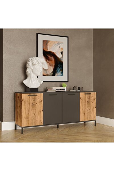 Robin Home Troya Oturma Odası Salon Konsol 4 Kapaklı Metal Ayaklı Çam