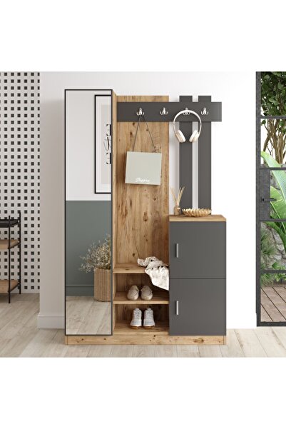 Robin Home Liva Aynalı Vestiyer Portmanto Ayakkabılık Çam-gri