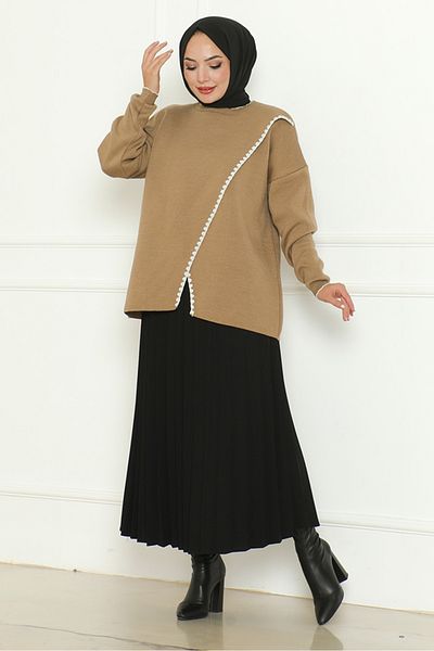 Bestenur Πλεκτό πουλόβερ Mink Asymmetric Cut 1194