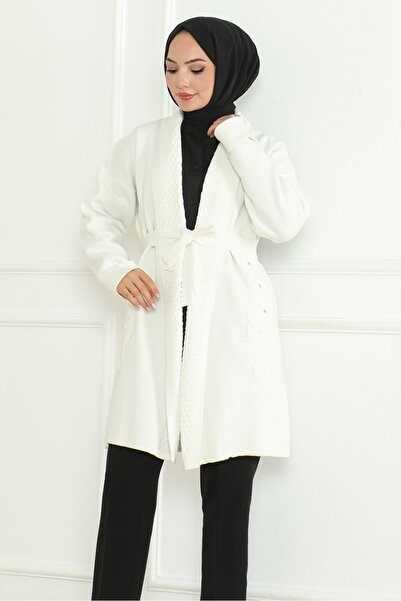 Bestenur Ecru Knitwear Cardigan 1192 - Buğlem Embroidered