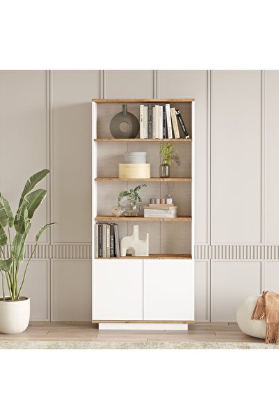 Robin Home Loft Kitaplık Raf 2 Kapaklı Raflı 168cm Çam-beyaz