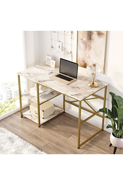 Robin Home Atlantis Gold Metal Çalışma Masası Raflı 120cm Mermer Desen