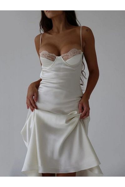 AyBer Textile White Satin Midi Nightgown