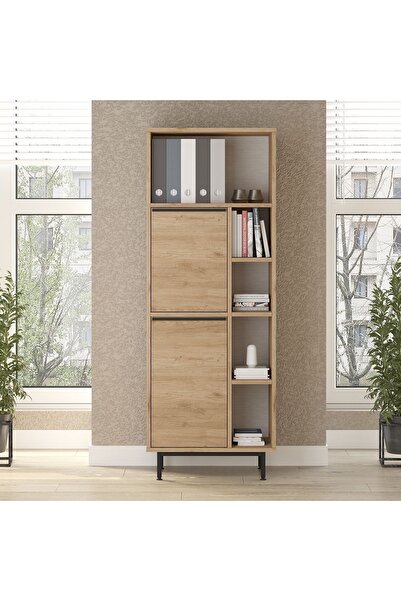 Robin Home Lidya Ofis Klasör Dolabı Kitaplık 2 Kapaklı Metal Ayaklı Sepet