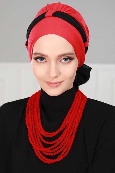 Ayşe Tasarım Belted Chiffon Combed Cotton Bonnet - Red/Black, B-24