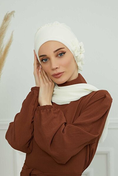 Ayşe Tasarım Special Design Chiffon Ready-To-Wear Turban with Stone Accessories, Cream, Ht-8, Cream