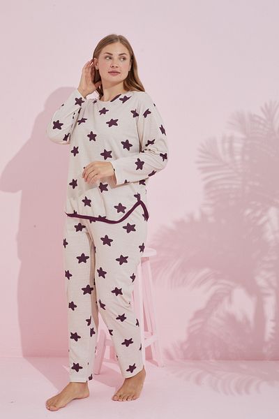 Siyah İnci Σετ πλεκτών πιτζάμες σε κρεμ χρώμα Plum Star Pattern Plus Size King Size - 7778