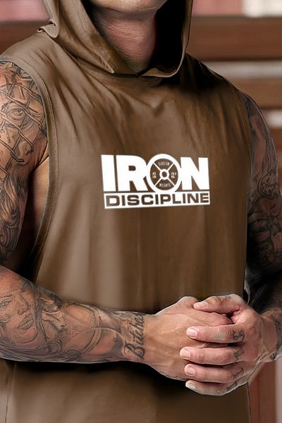 BESSA Men's Iron Discipline Printed - Brown Cotton Hooded Tank Top T-Shirt