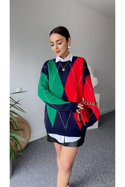 Brantu Pulover oversize cu model de diamante, albastru bleumarin, roșu