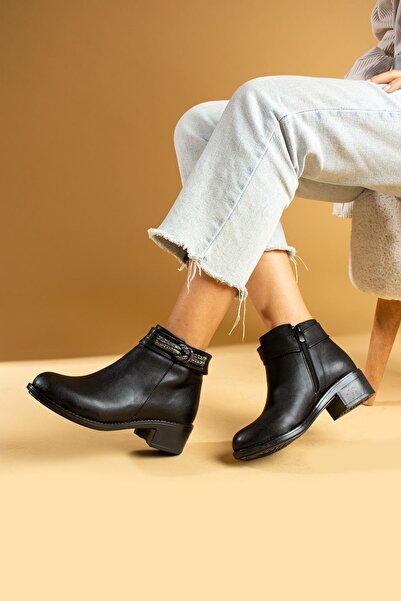 Pembe Potin Kadın Siyah Taşlı Poli Taban Fermuarlı Tokalı Günlük Rahat Kalıp İçi Sıcak Astarlı Bot