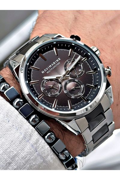 Navimarine Men's Wristwatch and Bracelet with Gift - Black Silver Steel Cord