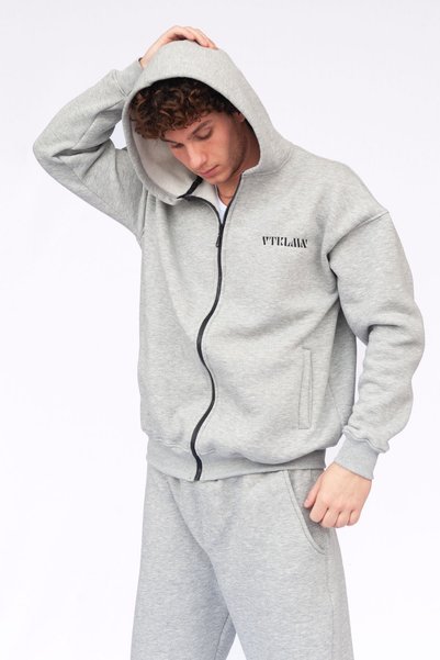 Vatkalimon Gray Melange Raised Oversize Hooded Zippered Sweatshirt