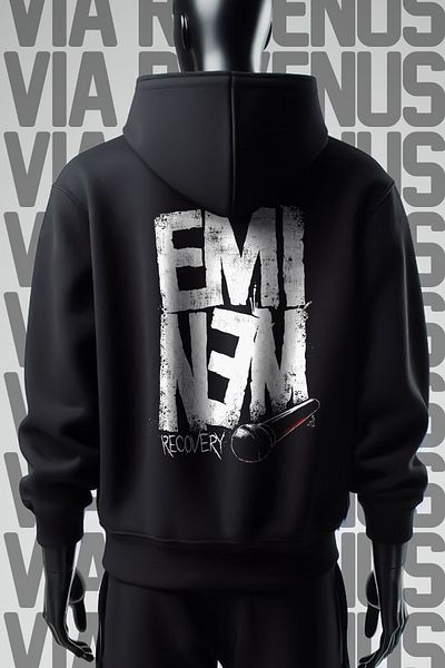 Vordevia Eminem εμπριμέ μαύρο φούτερ με κουκούλα - Φαρδιά εφαρμογή 3 κλωστών