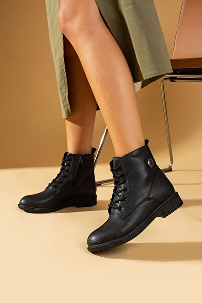 Pembe Potin Γυναικεία Μαύρη Πολυ Σόλα με φερμουάρ Άνετη Εφαρμογή Ζεστή Φόδρα Lace Up Boots Postal