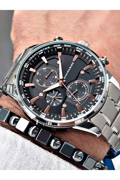 Navimarine Men's Silver Colored Steel Cord Wrist Watch and Bracelet Gift