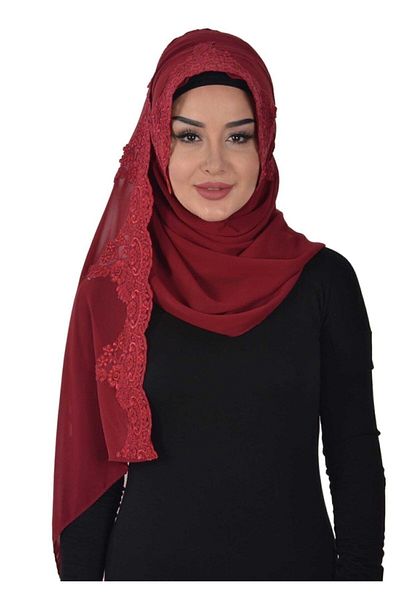 Ayşe Tasarım Special Design Front Lace Embroidered Practical Chiffon Shawl, Burgundy, Ps-25