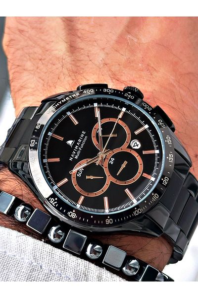 Navimarine Men's Wristwatch and Bracelet with Gift - Black Steel Cord