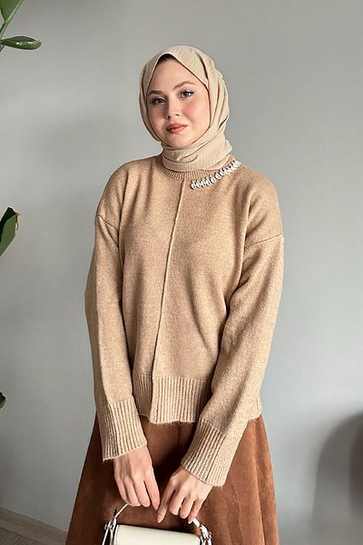 InStyle Pulover de tricotaj cu detalii de piatră de scoici de culoare bej