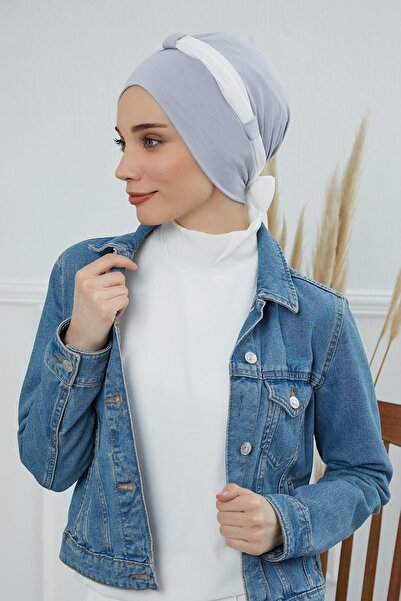 Ayşe Tasarım Chiffon Belted Combed Cotton Bonnet, Gray 2 - Cream,B-24,Gray-Cream