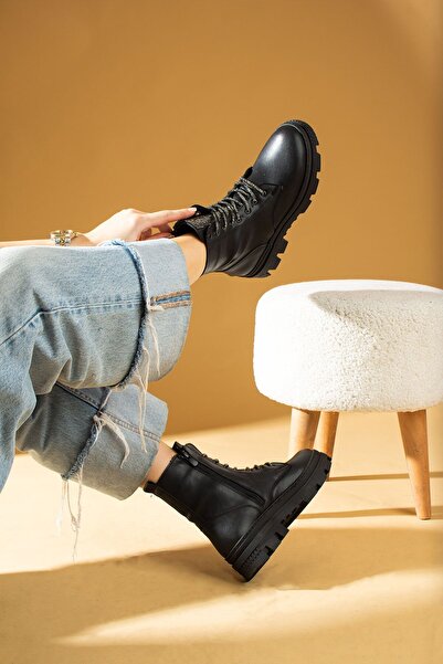 Pembe Potin Kadın Siyah Poli Taban Fermuarlı Rahat Kalıp Sıcak Astar Taşlı Bağcıklı Postal Pot