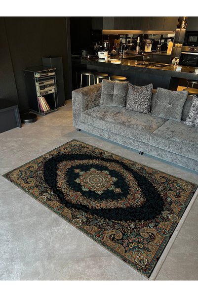Rugs Modern Halı Covor decorativ modern din seria etnică, verde închis, cu mo...