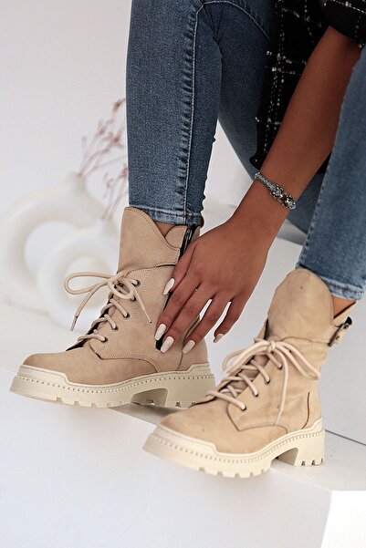 Pembe Potin Γυναικείες μπότες με κορδόνια σε μπεζ καστόρι με πόρπη με φερμουάρ Άνετη εφαρμογή με ζεστή επένδυση