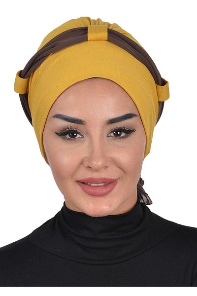 Ayşe Tasarım غطاء رأس من القطن الممشط بحزام من الشيفون باللون الأصفر الخردلي - بني، b-24