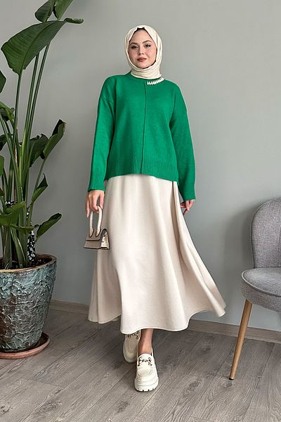 InStyle Pulover de tricotaj cu scoici cu detalii de piatră verde smarald